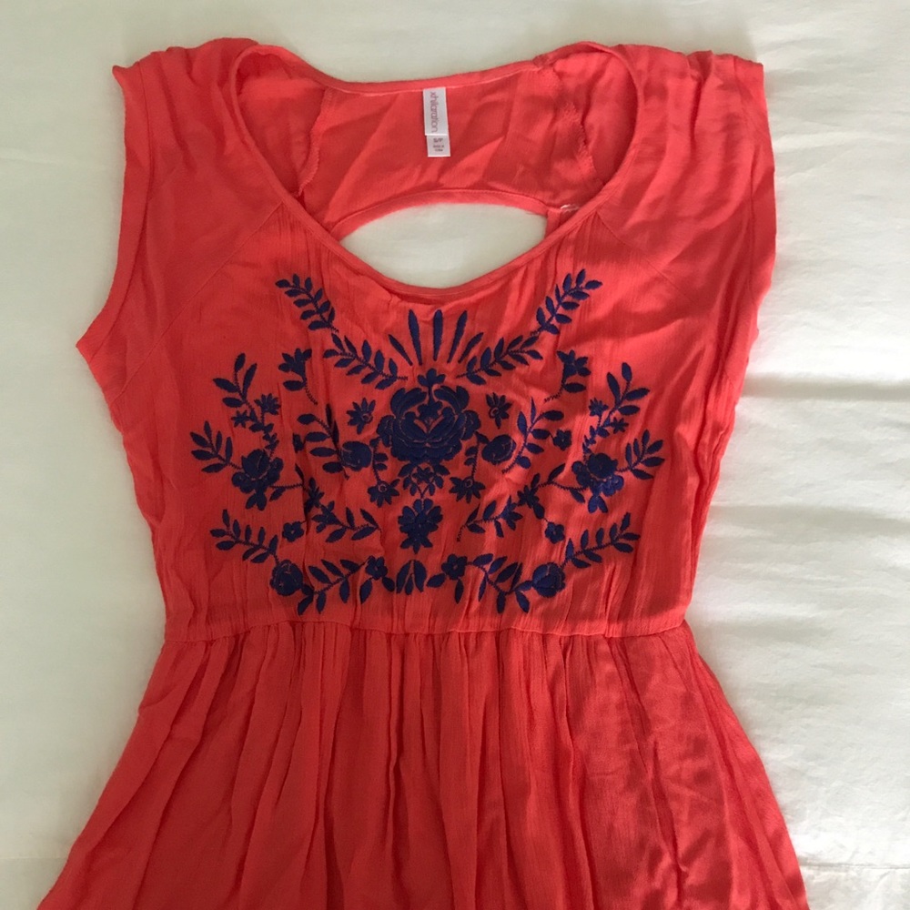 Coral high-low dress with royal blue detail